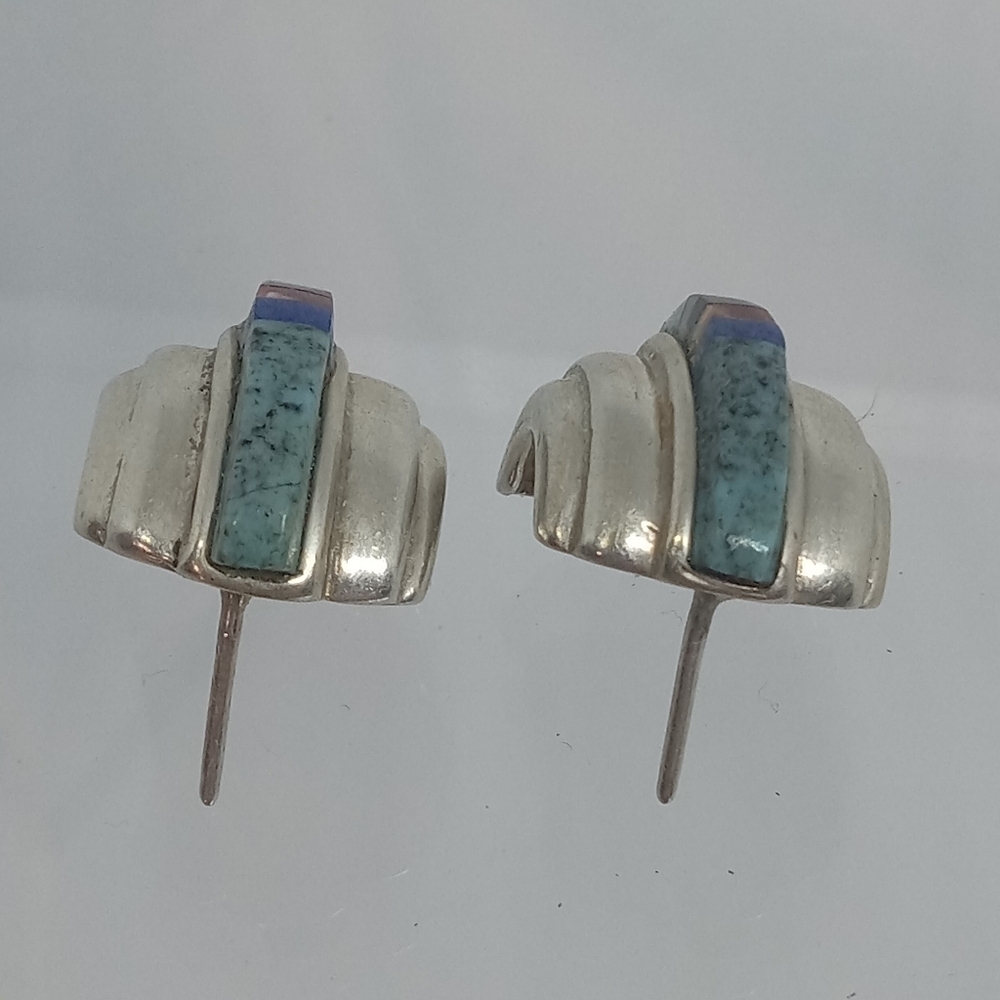 * vintage Navajo Chas Ray 1988 chunky 925 half hoop stone inlay earrings - Picture 4 of 6